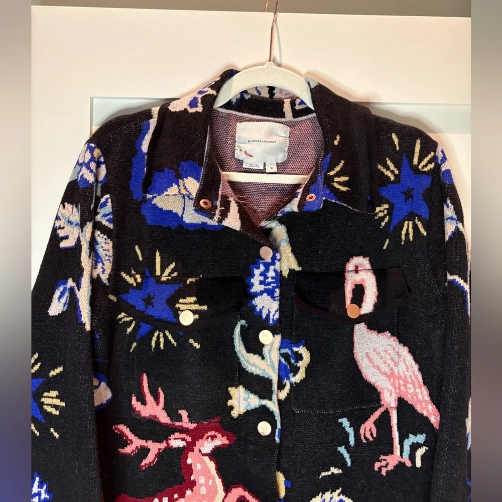 183 Anthropologie Icon Sweater Coat Jacket Deer Flamingo Animals Black size M - Picture 6 of 12
